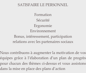 SATISFAIRE LE PERSONNEL

Formation
Sécurité
Ergonomie
Environnement
Bonus, intéressement, participation
relations avec les partenaires sociaux

Nous contribuons à augmenter la motivation de vos équipes grâce à l’élaboration d’un plan de progrès pour chacun des thèmes ci-dessus et vous assistons dans la mise en place des plans d’action